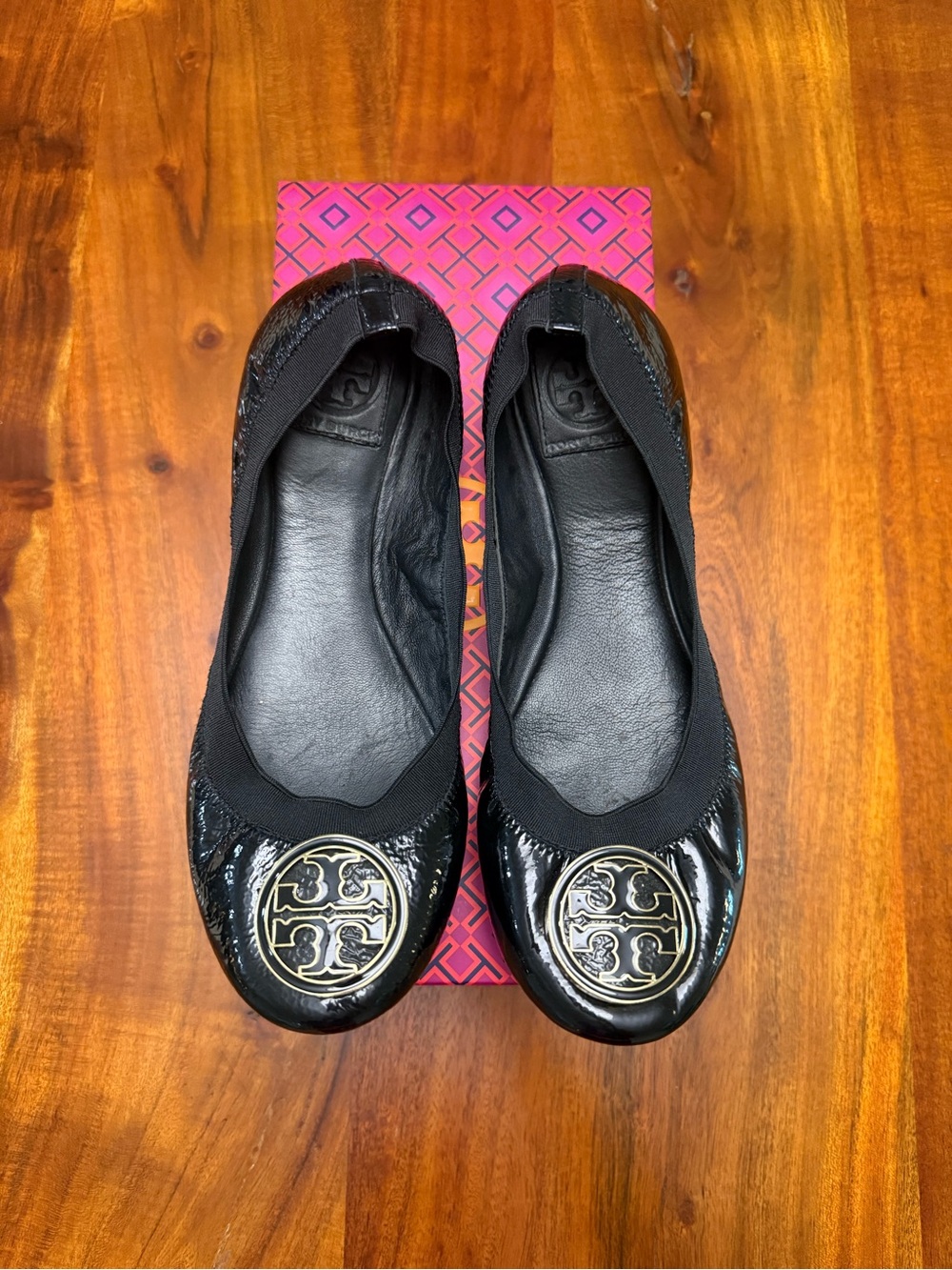 Tory Burch Black Patent Logo Round-Toe Ballet Flats